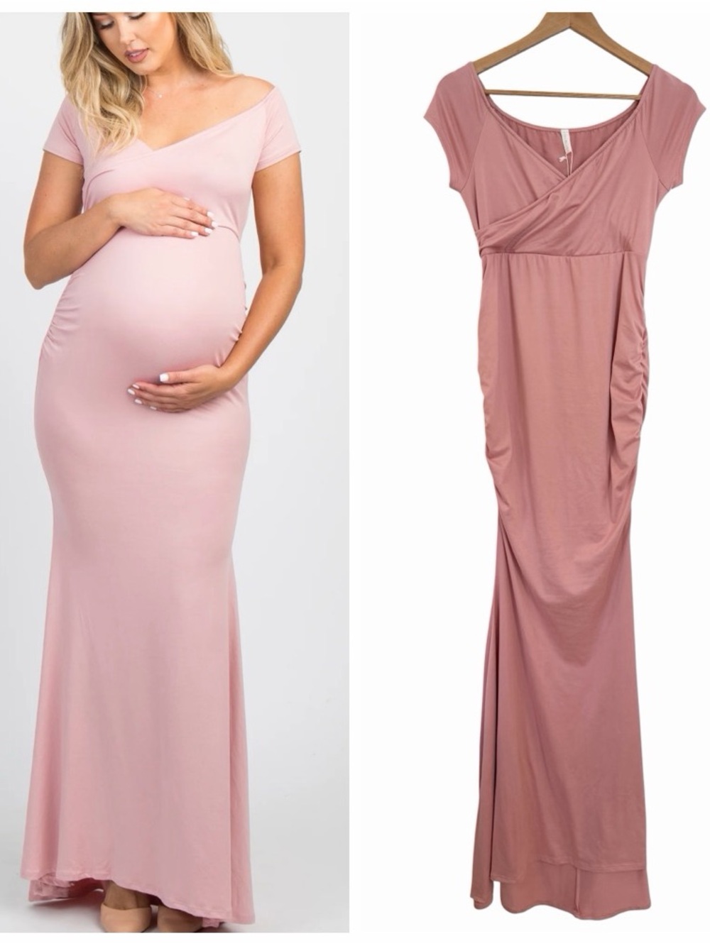 NWT $89 Pink Blush Maternity Off-Shoulder Maxi Dress in Dusty Pink Sz S